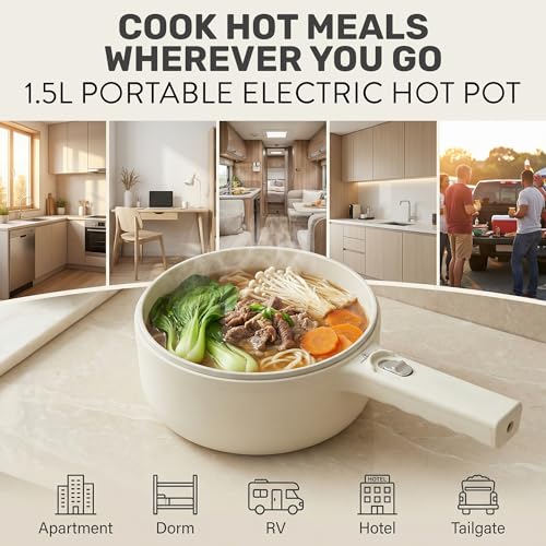 CERAMAX PRO Electric Hot Pot with Lid & Steamer, 1.5L Non Toxic Ceramic Cooker Skillet for Ramen, Eggs, Pasta for Dorms, Camping, RVs, Work, Adjustable Temp. - New Improved 2026 Model
