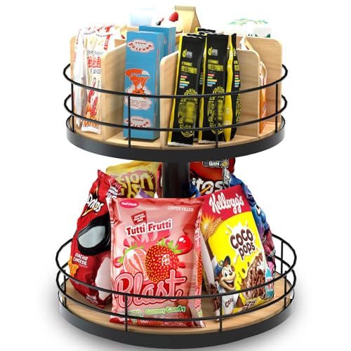 Snack Organizer - Versatile Snack Storage 2 Tier Lazy Susan with Convenient Grab-and-Go Design, Wood and Metal Snack Holder for Home, Office, Breakroom, 12.13" L x 12.13" W x 12.56" H
