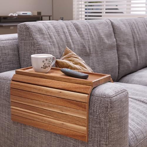 Sofa Arm Tray,Acacia Wood Folding Couch Arm Tray,Sofa Armrest Trays with Anti-Slip Pad for Drinks,Snacks,Phone,Remote Control