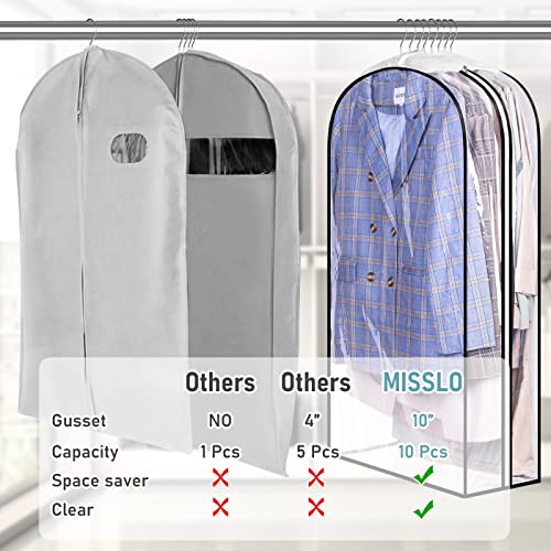 MISSLO 10" Gusseted All Clear Garment Bags for Hanging Clothes 3 Packs 40" Suit Bags for Closet Storage Hanging Clothes Storage Suit Cover for Shirts, Coats, Dresses