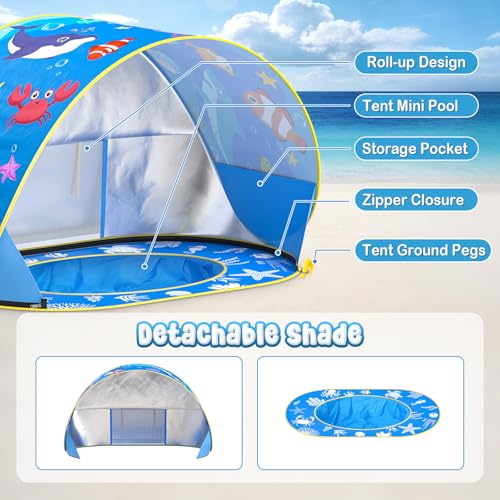 Baby Beach Tent with Pool, Pop Up Beach Tent UV Protection Sun Shelter for Infant Toddlers, Portable Shade Pool Tents Baby Beaches Essentials with Carry Bag for Outdoor, Travel, Camping