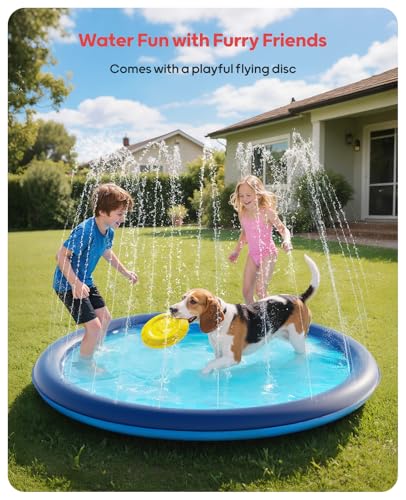 QPAU Splash Pad with Flying Disc for Dogs & Kids – 67" Extra-Thick 0.52mm Non-Slip Sprinkler Pool, Leakproof Water Play Mat for Toddlers, Babies, Pets, Outdoor Summer Toy