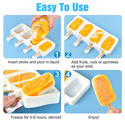 6 Set Small Silicone Popsicle Molds Ice Cream Mould 4 Cavity Ice Lolly Mold White Oval Cake Pop Mould with 300 Pieces Wooden Sticks for DIY Cream Popsicle Cake, White