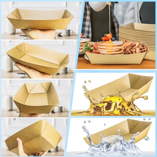 100 Pack 5LB Extra Large Paper Food Boats Trays Disposable Paper Boat, Heavy Duty Kraft Food Serving Tray Boat Basket for Snack Popcorn Sandwich Burger Taco BBQ Dessert Fries Nacho