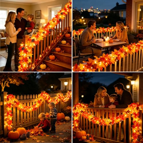 Fall Decorations for Home 9Ft Plug in Fall Garland with Lights Lush and Thicker Large Leaves, 50 Orange Bulbs Prelit Connectable UL Certified Fall