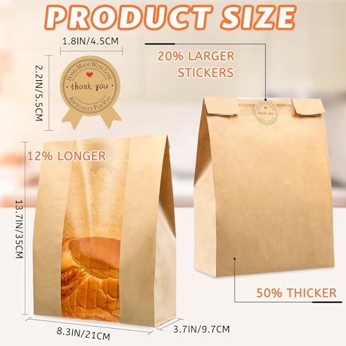 50 Pcs Bread Bags for Homemade Bread, Sourdough Paper With Window, 50% Thicker 13.7x8.2x3.7in A Large Bakery Bags Used for Storage Cookies & Snacks, 60 Cute Sealing Stickers With Ties