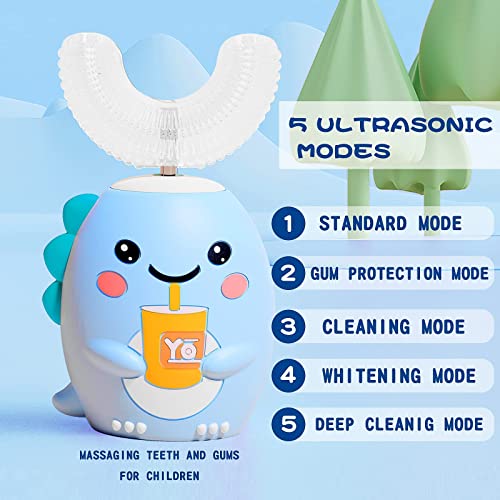 DYCROL Kids U Shaped Electric Toothbrush with 4 Brush Heads, Sonic Toothbrush Kids with 5 Modes, Cartoon Dinosaur 360-Degree Cleaning IPX7 Waterproof Design (2-6 Age (Blue))