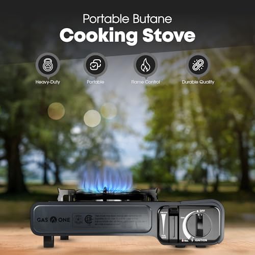 GasOne GS-1000G-KIT Butane Gas Stove with Flat Top Griddle Included – Butane Grill Tent Stove Burners for Cooking for Camping, Kitchen – Diecast Aluminum with Non Stick Coating