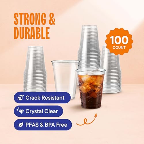 Crystal Clear Disposable Plastic Cups PET [100 Pack - 16 oz.]