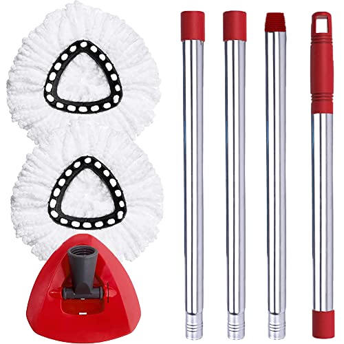 ANREKEYH Spin Mop Head, Base, Handle Replacement for O-Ceda EasyWring Microfiber Spin Mops, 2 Microfiber Mop Refills, 1 Triangle Head Cover and 30-58in Handle Set Combo (White(1 Tank System))