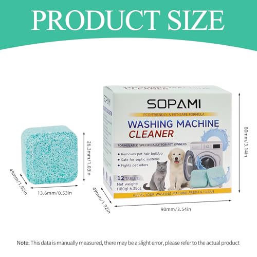 SOPAMI Washing Machine Cleaner Tablets 24-Pack (12 Month Supply) for HE/Top/Front Load Washers - Removes Stubborn Pet Hair, Odors, Mold & Residue, Septic Safe & Fragrance Free