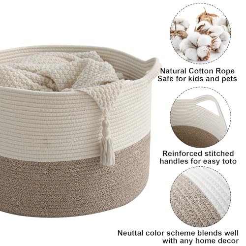 65L Large Woven Cotton Rope Blanket Basket with Handles, Laundry Hamper Storage Bin for Pillows, Clothes, Bedroom and Living Room Organization, White & Brown