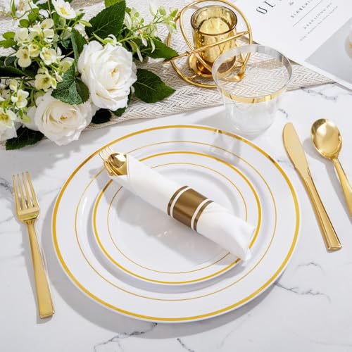 WELLIFE 350-Piece Gold Disposable Plates and Cutlery Set - Premium 10.25" Dinner Plates, 7.5" Dessert Plates, 9oz Cups & Cutlery for Weddings, Catering Events - 50 Guest Service - Elegant & Sturdy