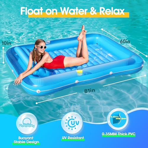 Inflatable Tanning Pool for 2 Person, 81''x 60'' Tanning Pool Lounger Float with Pillow, Thicken Sutan Tanning Bed Pool Floats Adult w/2 Cup Holders, Water Tanning Pools for Backyard Lake Party