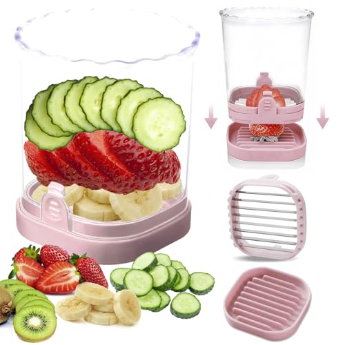 Strawberry Slicer：Fruit Slicer Cup Veggie Salad Speed Cutter for Strawberries Egg Banana Mushroom Cucumber Kiwi the Kitchen Portable Slicing Tool (Pink)