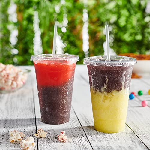 GUSTO Clear Plastic Cups with Flat Lids [20 oz - 100 Count] - Disposable Iced Coffee Cups with Lids - PET Plastic Cold Cups for Smoothies, Juices & To-Go Drinks - Formerly Comfy Package