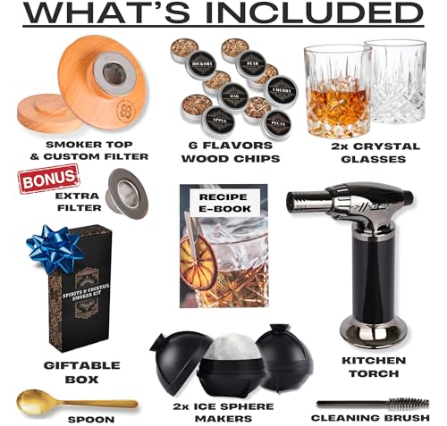 Whiskey Smoker Kit - Cocktail Smoker Kit with Torch, 2 Whiskey Glasses, 2 Ice Ball Makers, 6 Flavors Wood Chips - Old Fashioned Smokers - Bourbon Drink Smoking Set - Whiskey Accessories Gifts for Men