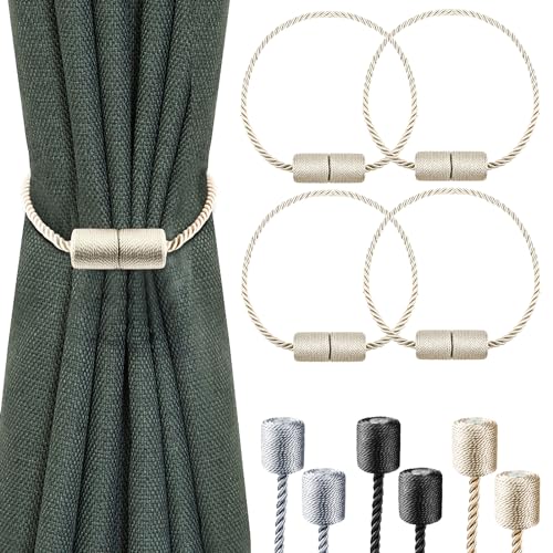4 Pack Strong Magnetic Curtain Tiebacks with Thicker Twist Rope Decorative Tie Backs Holdbacks for Drapes Window Curtain, Beige