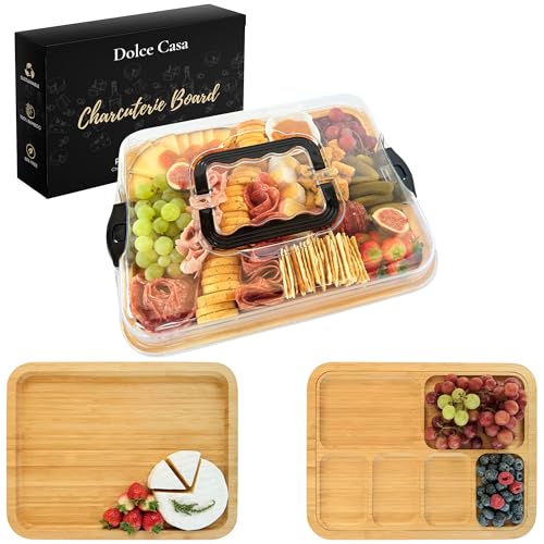 Charcuterie Board with Lid & Handle, 3-in-1, Portable Bamboo Serving Tray with Lid & Removable Snack Tray for Cheese, Fruit, Food, Cheese Platter for Picnic, Travel, Ready-to-Gift