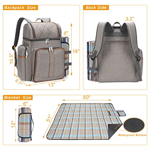 Picnic Backpack for 4, Picnic Basket Set, Leakproof Picnic Bag, Beach Cooler Backpack with Insulated Cooler Wine Pouch,Picnic Blanket, Double Deck Picnic Backpack for Beach,Camping,Park(BrushedKhaki)