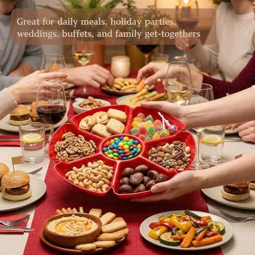 AVLA 12 Pcs Plastic Snack Serving Tray, 12 Inch Unbreakable Chip and Dip Divided Serving Plates, Round 7 Compartments Multifunctional Food Platter for Snack, Nuts, Candy, Dried Fruit, Veggies