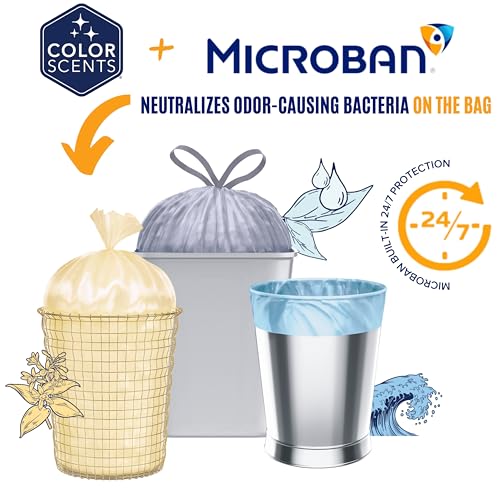 Color Scents Small Trash Bags - 4 Gallon, 200 Bags (1 Pack of 200 Count), Drawstring - Silver Bag in Simply Clean Scent with Microban