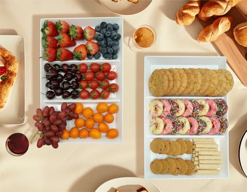 Divided Serving Tray Platter, 4 Pack 15" x 10" Fruit Veggie Food Tray for Party, Plastic Serving Trays for Appetizer, Snack, Dessert, Cookie, Brunch Decorations Platters, White Trays BPA-Free