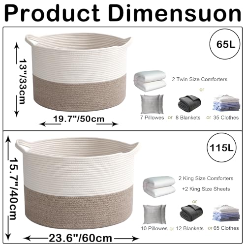 65L Large Woven Cotton Rope Blanket Basket with Handles, Laundry Hamper Storage Bin for Pillows, Clothes, Bedroom and Living Room Organization, White & Brown