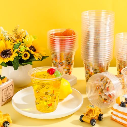 Uiifan 50 Pcs Construction Cups Construction Birthday Party Supplies 12 oz Theme Plastic Cups Disposable Dump Truck Traffic Glasses for Home Birthday Party Favors Supplies Decoration(Stylish)