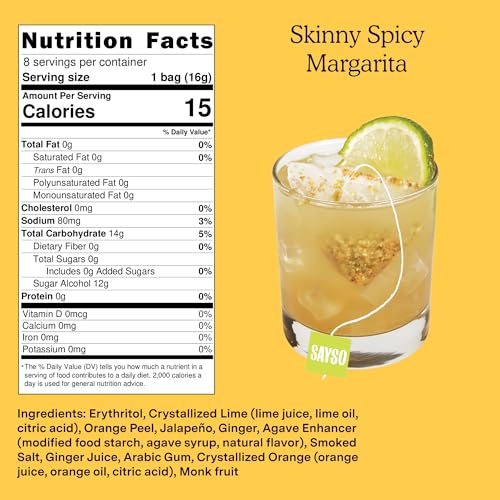 SAYSO Skinny Spicy Margarita Original Cocktail Tea Bag | Cocktail or Mocktail in Under 1 Min Without Hot Water, 0G Sugar, 15 Calories, Non-GMO, Gluten-free, Kosher & Vegan Mixer, 8 count