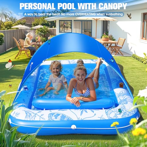 Inflatable Tanning Pool Lounger with Canopy,81"x 60" Large Tanning Floats for Adults, Butterfly Pool Lounger Float,Blow Up Tanning Water Bed with Cup&Phone Holder,Adults Tanning Pools for Backyard