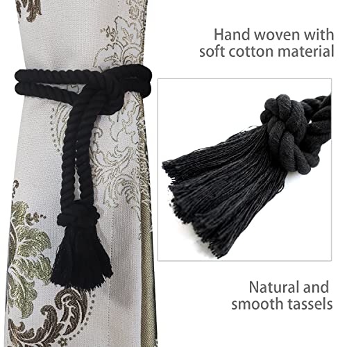 2 Pack Curtain tiebacks Rope, Outdoor Curtain Tiebacks, Natural Cotton Curtain Ties, Village Rural Rustic Farmhouse Curtain Holdbacks Curtain tie Backs Holders for Heavy Duty Drapes, Black