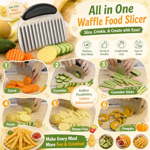 JAYVAR Large Crinkle Cutter French Fry Cutter, Large Crinkle Potato Slicer Wavy Chopper, Stainless Steel Wavy Slicer Crinkle Cutting Chopping Tools with Handle for Carrot Vegetable