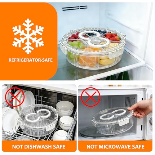 Rotating Divided Serving Tray with Lid & Handle, 6 Compartment Snack Box Container,Portable Snack Organizer for Fruits, Candy, Veggies – Ideal for Kitchen, Party, Travel, Picnic (1 Pack)