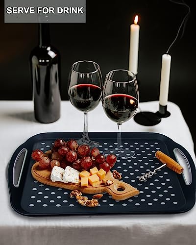 Large Nonslip Serving Tray with Handles, Silicone Grippy Dots Lap Food Trays for Eating, Dishwasher Safe Serve for Breakfast Dinner Snack Fruit Appetizers Beverage, Rectangular, Set of 2, Black