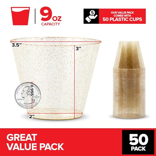 Stock Your Home 9oz Gold Glitter Plastic (50 Pack), Elegant Party Glasses for Birthdays, Weddings and Holidays, Fancy Disposable Cocktail, Clear and Gold, Bulk Wine and Mimosa