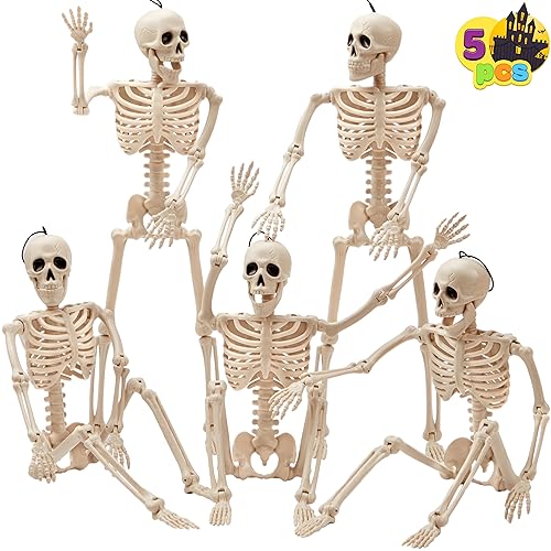 JOYIN 5 PCS Posable Halloween Skeleton Decor 16 Inches, Full Body Posable Joints Hanging Skeletons for Halloween Decorations, Graveyard Props