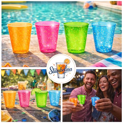Stumbelina 100 COUNT (1 oz) NEON SPARKLE | PLASTIC SHOT GLASS CUPS | BRIGHT MULTI-COLOR Variety Pack | Disposable Party Mini Cups | Perfect for Jello Shots, Dessert Shooters, Parties, Weddings, Bars