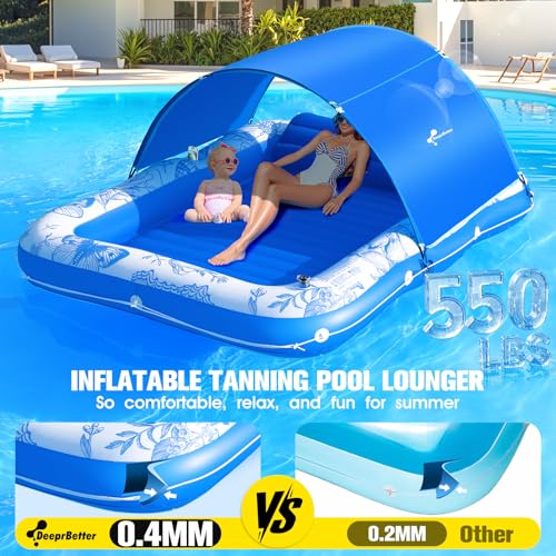 Inflatable Tanning Pool Lounger with Canopy,81"x 60" Large Tanning Floats for Adults, Butterfly Pool Lounger Float,Blow Up Tanning Water Bed with Cup&Phone Holder,Adults Tanning Pools for Backyard