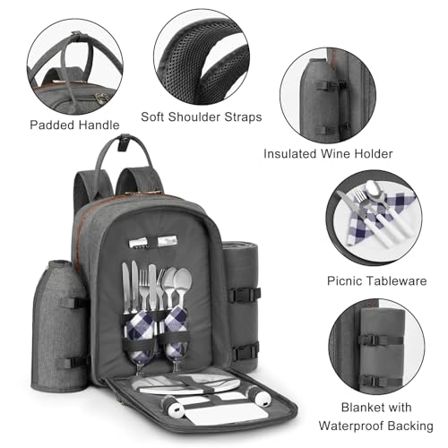 ALLCAMP Picnic Backpack - Insulated Cooler Bag with Compartment, Detachable Wine Glass Holder, Throw Blanket & Cutlery Set, 2 Person Picnic Set for Family Outings, Couple Gifts (Gray)