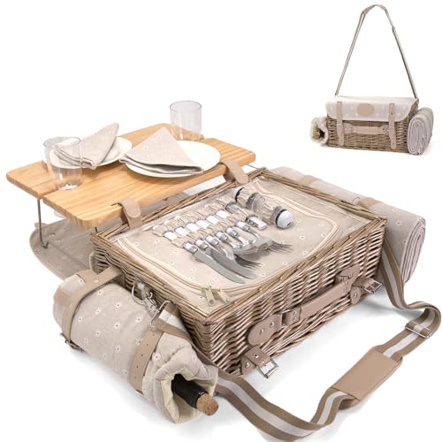 Multifunctional Wicker Picnic Basket Set for 2 with Blanket and Picnic Table, Insulated Picnic Set with Full Tablewares for Camping Outdoor Couples, Flowers