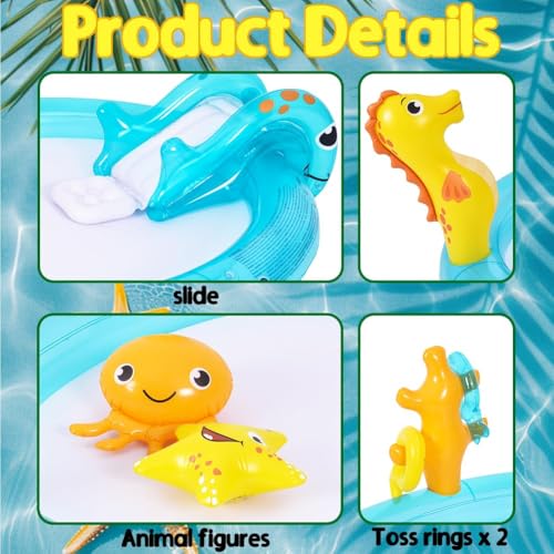 Sea Animal Inflatable Kids Pool with Slide and Sprinkler, Inflatable Play Center with Rings & Animal Figures, 78"x59.5"x15.5" Kiddie Pool for Summer Outdoor Backyard
