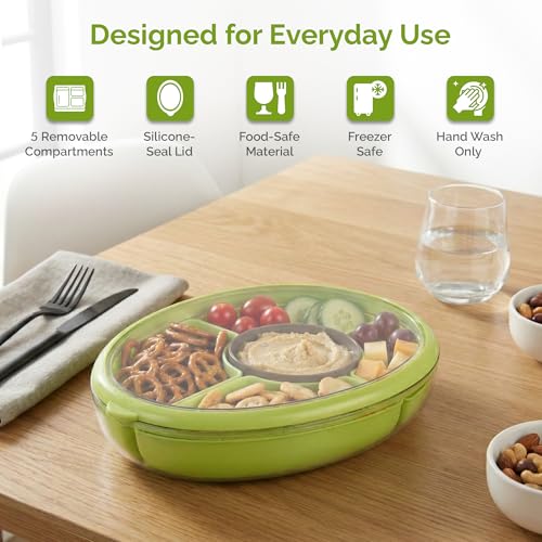 Divided Serving Tray with Lid, 5 Removable Compartments Snack & Veggie avocado shaped Tray with Center Dip Bowl, Portable Food Storage Container for Fruit, Charcuterie, Travel, Work & Parties
