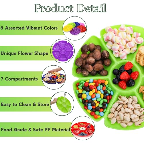 AVLA 12 Pcs Plastic Snack Serving Tray, 12 Inch Unbreakable Chip and Dip Divided Serving Plates, Round 7 Compartments Multifunctional Food Platter for Snack, Nuts, Candy, Dried Fruit, Veggies