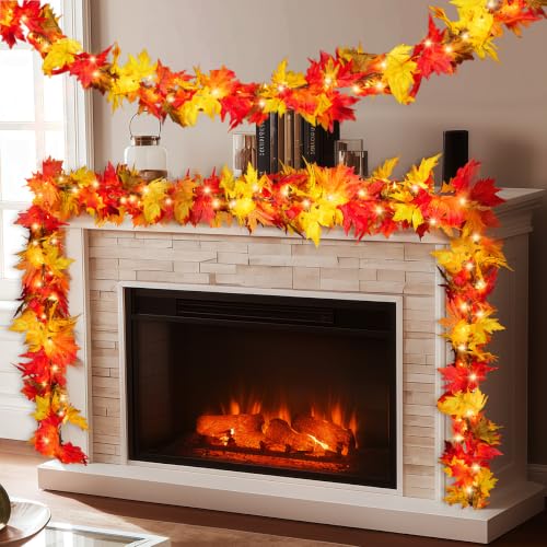 Fall Decorations for Home 9Ft Plug in Fall Garland with Lights Lush and Thicker Large Leaves, 50 Orange Bulbs Prelit Connectable UL Certified Fall