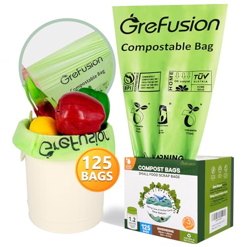 GreFusion Compostable Bags 1.2 Gallon,125 Count, Fits 0.75,1,1.2,1.3,1.6,1.8 Gallon Countertop Bin, Small compost bags, Certified by BPI, ASTM D6400 and OK Compost