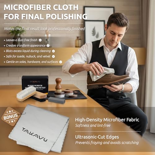 TAKAVU Premium Suede & Nubuck Cleaning Brush Kit, Crepe & Brass Bristle Brush, Microfiber Towel Cloth, Cleaning Block Eraser for Shoes, Boots