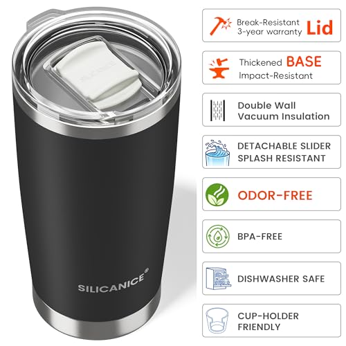 20oz Hygienic Stainless Steel Vacuum Insulated Tumbler w/ Easy-On/Easy-Off Lid - Removable slider, Double Wall 18/8 Travel Mug, BPA-Free, Fits Cup Holders, Premium Quality, Smart Value - Black