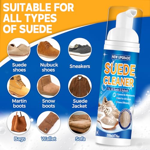 Suede Shoe Cleaner Kit, No-Rinse Foam Suede & Nubuck Cleaner, Removes Dirt & Stains, Gentle Sneaker Cleaner with Brush & Towel for Suede, Nubuck, Boots, 6.76oz
