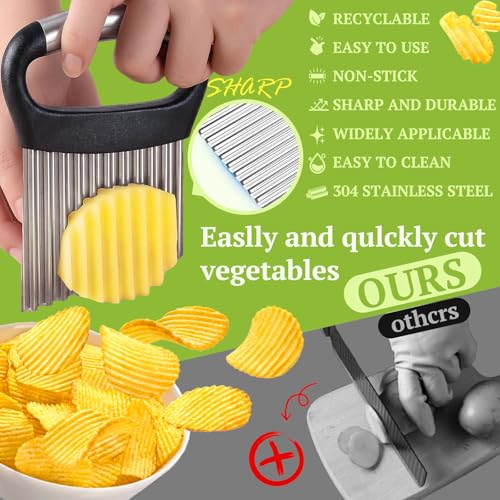 FANTEXY Crinkle Cutter for Veggies, Stainless Steel French Fry Cutter for Potatoes Cucumbers Carrot, Crinkle Cut Knife Wavy Chopper Waffle Fry Cutter, Black